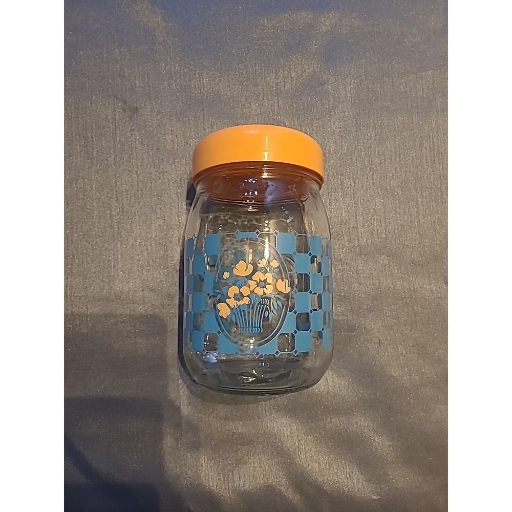Vintage Carlton Glass Jar With Blue Checkered Pattern And Floral Design